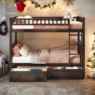 Espresso Convertible Twin Over Twin Bunk Bed With Drawers With Fence-shaped Guardrail