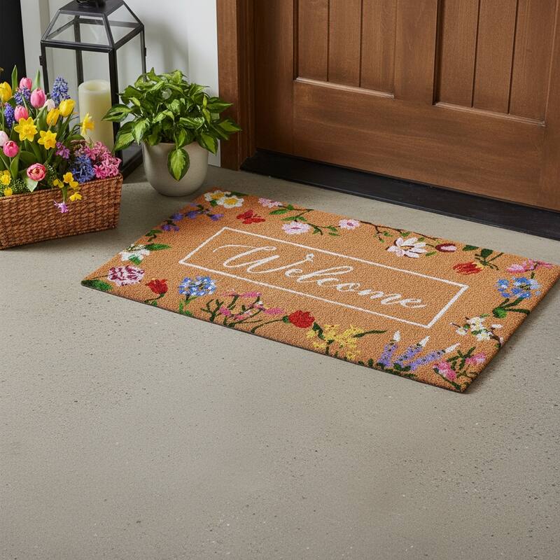 HomeRoots 17" X 29" Brown White And Green Floral Welcome Outdoor Coir Door Mat - 17.00' X '29.00 - 17.00' X '29.00