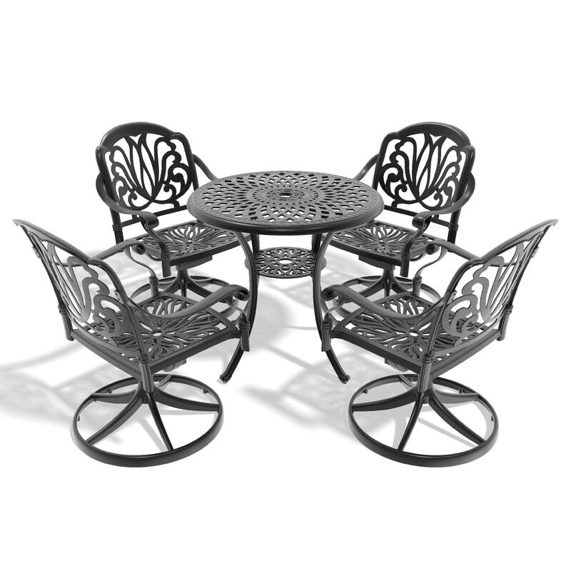 5-Pcs Outdoor Patio Dining Set, All-Weather Cast Aluminum Conversation Set with 4 Swivel Chairs and Table with Umbrella Hole