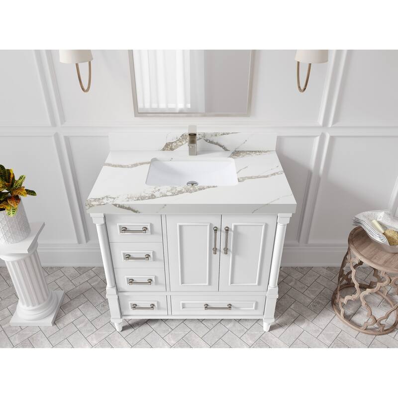 Willow Collections 36 in. W x 22 in. D Aberdeen Center Right Offset Sink Bathroom Vanity with Countertop - 2”Calacatta Gold - White