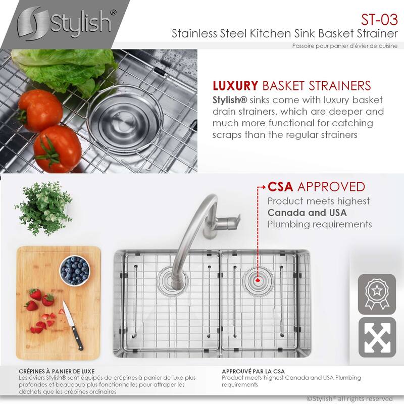 STYLISH 3.5 Inch Kitchen Sink Strainer with Extra Deep Removable Basket - Fits Standard 3.5" drain Opening.
