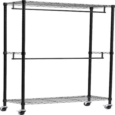 Double Hanging Rod Garment Rolling Closet Organizer Rack