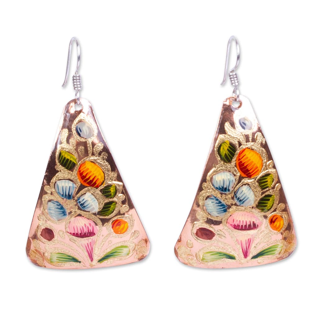 Novica Handmade Floral Pyramid Copper Dangle Earrings