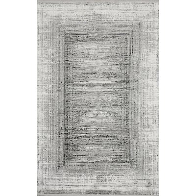 Machine Made Oriental Polyester Carpet Geometric Beige & Ivories Distressed Area Rug - 7' 5'' X 5' 2''