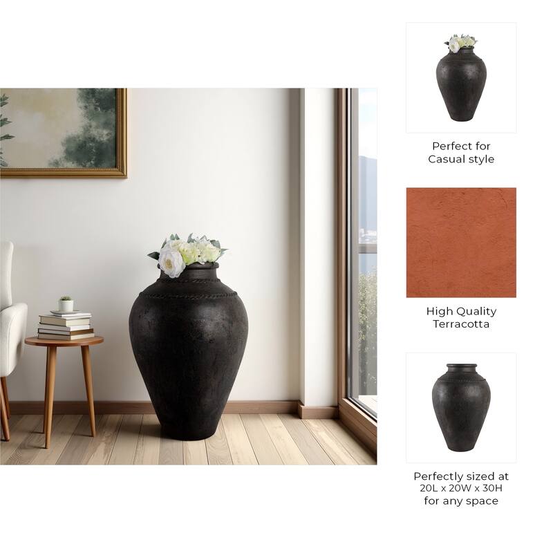 Pottery Terracotta Vase with Sculpted Rim Detail and Textured Surface