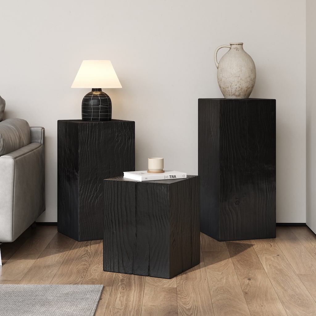 Roomfitters Retro Natural Style Side Table Set, Stackable Square-Column MGO End Tables for Living Room, Bedroom