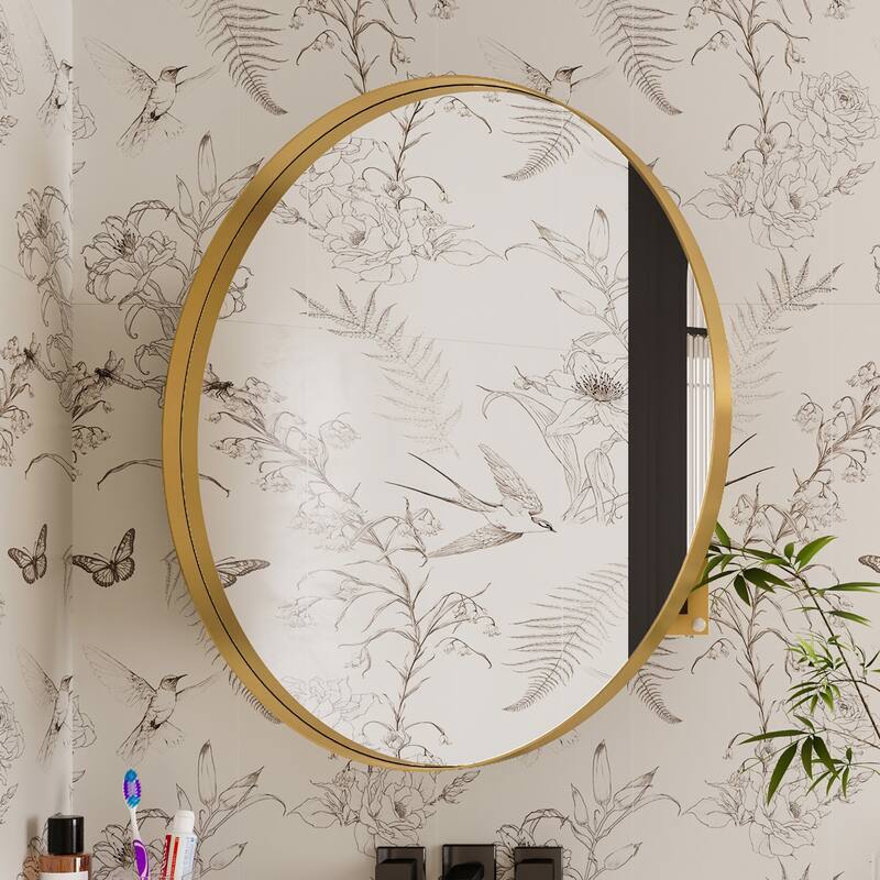 31.5 Inch Surface Mount Round Metal Framed Medicine Cabinet with Mirror and Adjustable Shelves Black Wall Mirror with Storage
