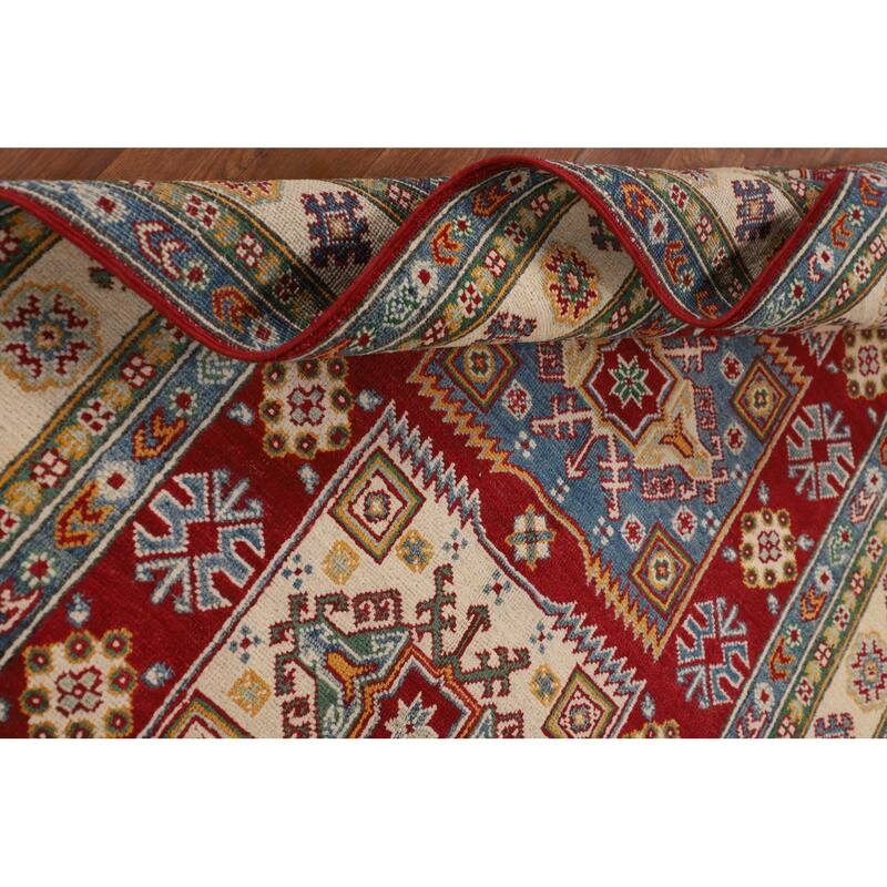 Geometric Red Kazak Area Rug Handmade Oriental Wool Carpet - 4'0" x 6'3"