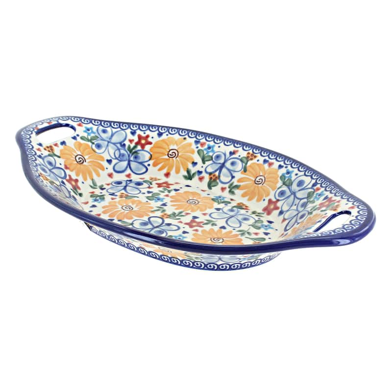 Blue Rose Polish Pottery 110 Vena Bread Tray with Handles - Butterfly
