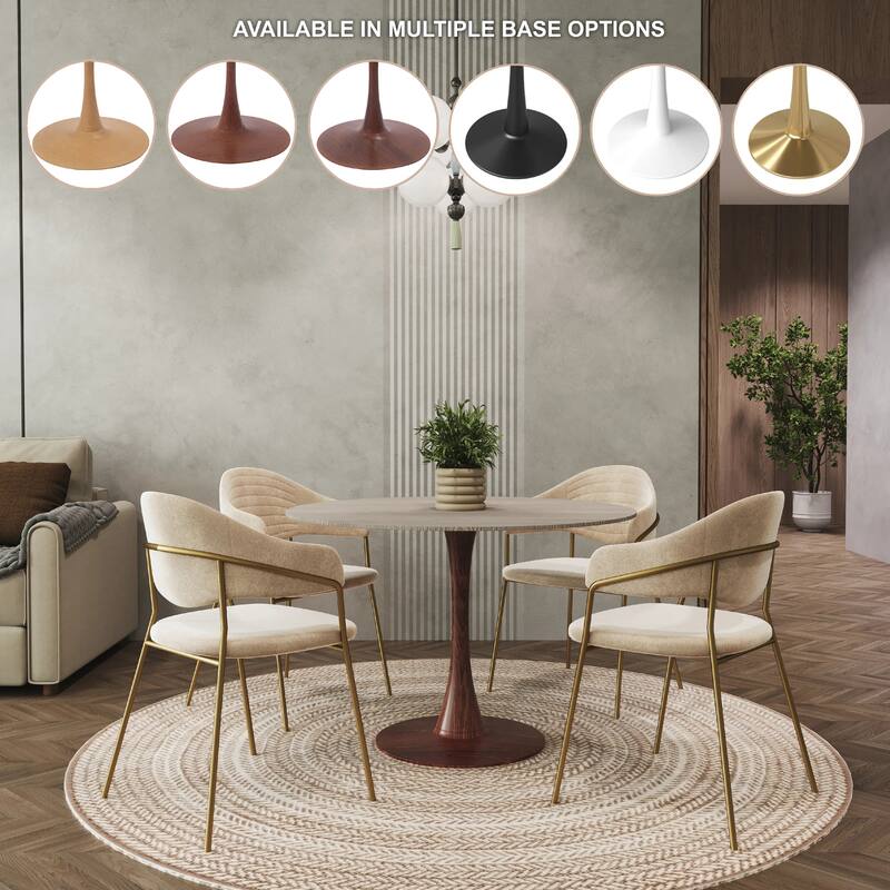 Bristol 35" Round Dining Table with MDF Top and Walnut Steel Pedestal Base for Modern Kitchen and Dining Room