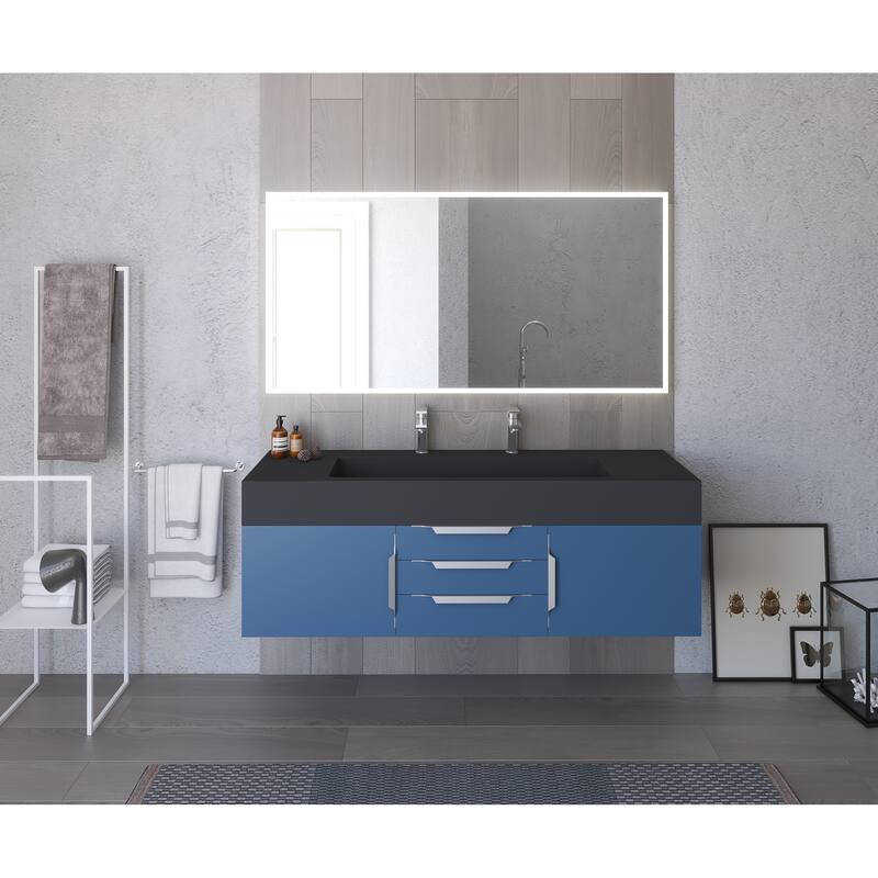 Nile 60" Wall Mounted Bathroom Vanity Set w/ Black Top