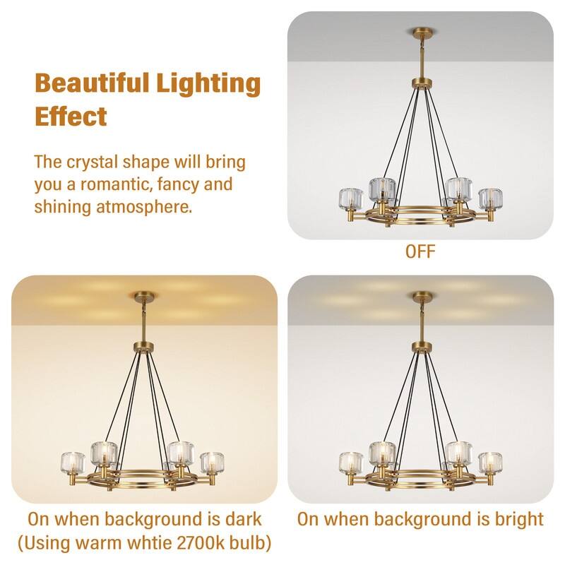 KAYLA 36 in. 6-Light Gold Farmhouse Wagon Wheel Chandelier with Crystal Lampshade
