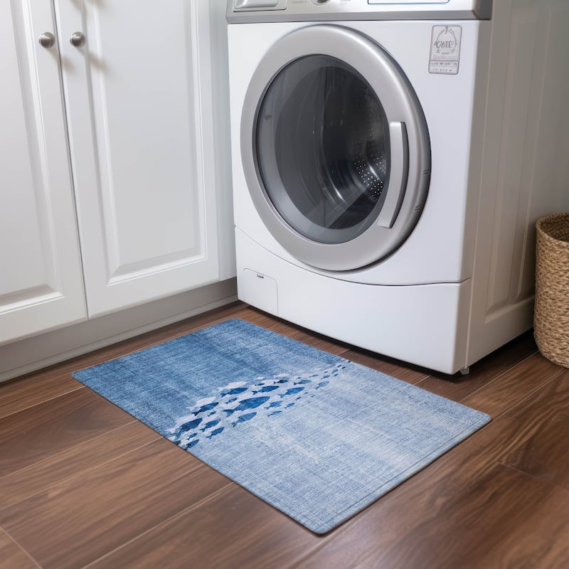 Machine Washable Indoor/ Outdoor Chantille Modern Sea Life Rug - Blue - 1'8" x 2'6"