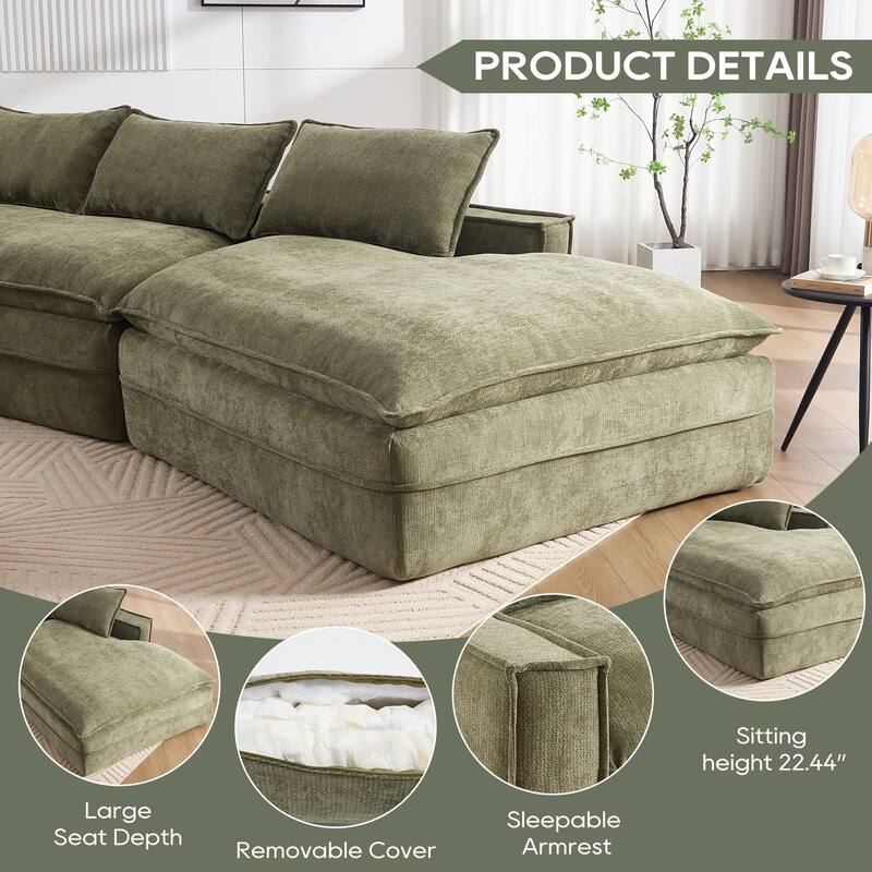 Modular Deep Seat Sectional Sofa with Chaise Lounge, Fabric Upholstered Cloud Boneless Couch, High-Density Sponge Floor Sofa