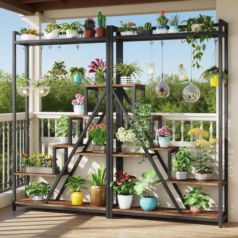 Black-Brown Particle Board Metal 7-Tier Ladder Plant Shelf Stand - 41.34 " x 11.81" x 70.86"