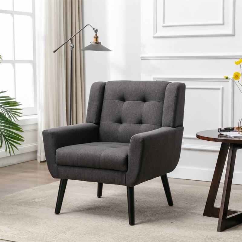 Dark Gray Linen Modern 29.53" Upholstered Buttons Tufted Accent Chair with Black Solid Wood Legs