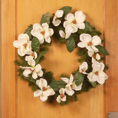 National Tree Company 24 inch Artificial Spring Wreath with North Valley Spruce, Magnolia Flower Blooms, and Evergreen Branch