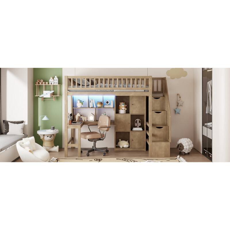 Roomfitters Twin Wood Loft Bed with Built-in Desk, Storage Cabinets and LED Light