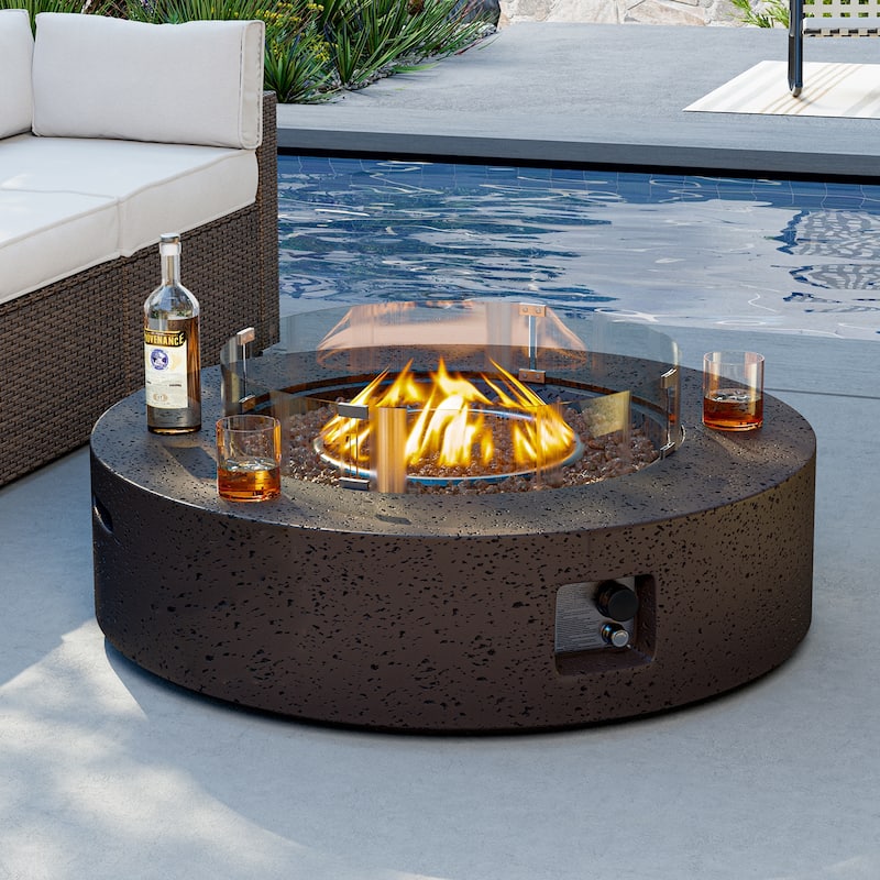 COSIEST Ecru Round Outdoor Propane Fire Pit with Wind Guard