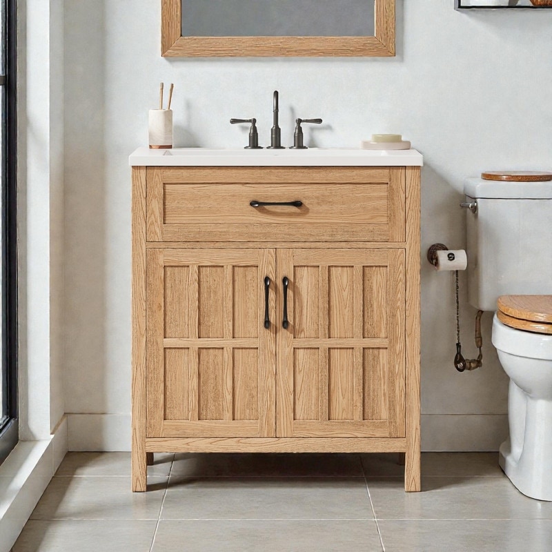 30" Resin Sink Bathroom Vanity, Solid Wood Frame Cabinet, Adjustable Shelf & Door Organizers