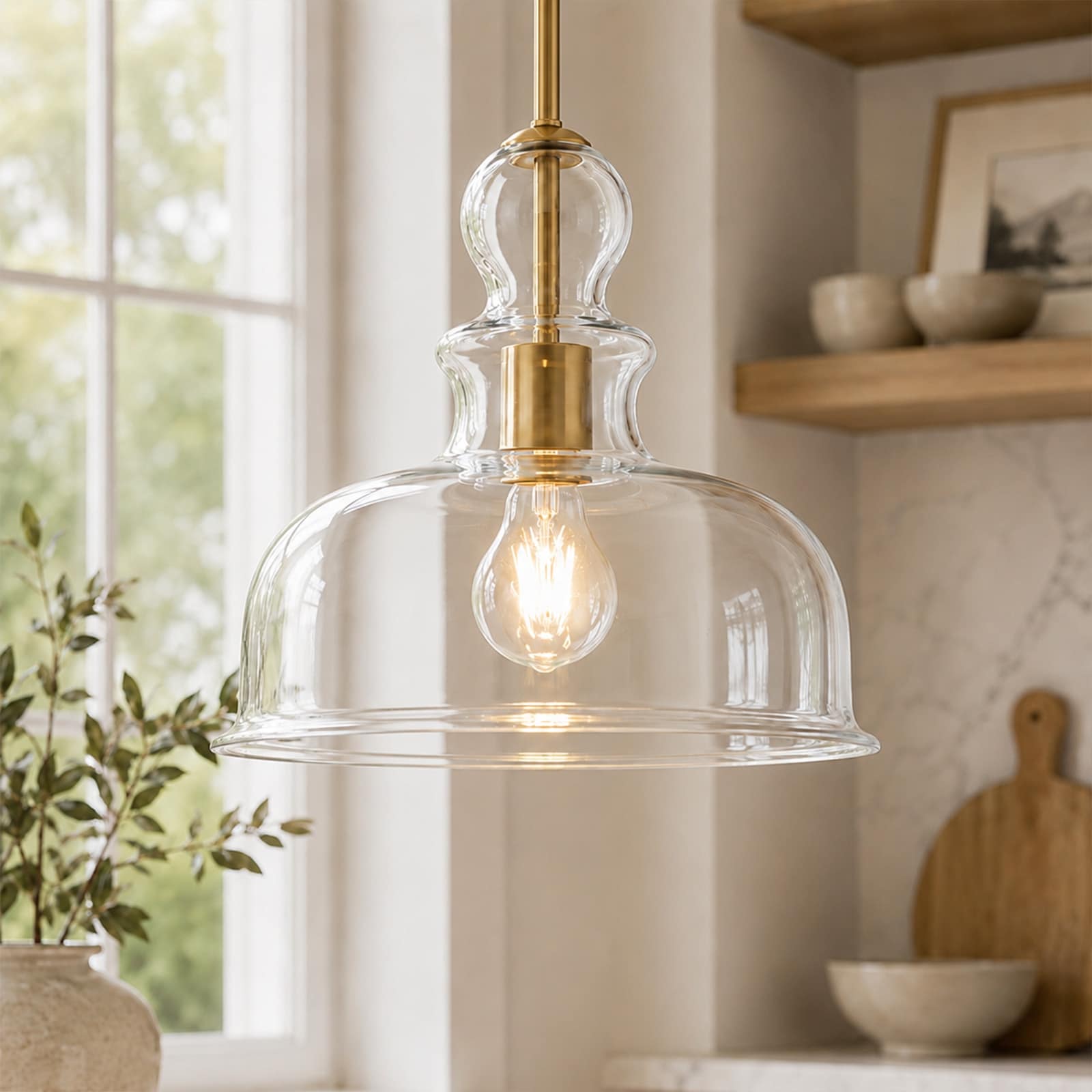 Rennnsan 12 in. 1-Light Modern Gold Clear Glass Pendant Light for Kitchen Island - 11.8 in. Dia × 11.4 in. H