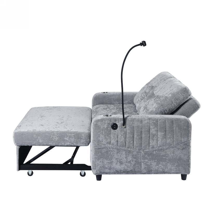 53.9" Chenille Convertible Loveseat with Pull-Out Bed, 3 USB Ports, and Smart Storage