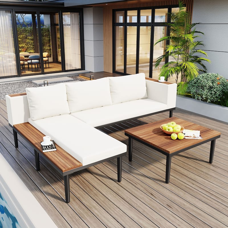 Luxury Outdoor Patio Furniture Set with Removable Cushions - L-Shaped Acacia Wood Sofa with Coffee Table & Side Table - Beige