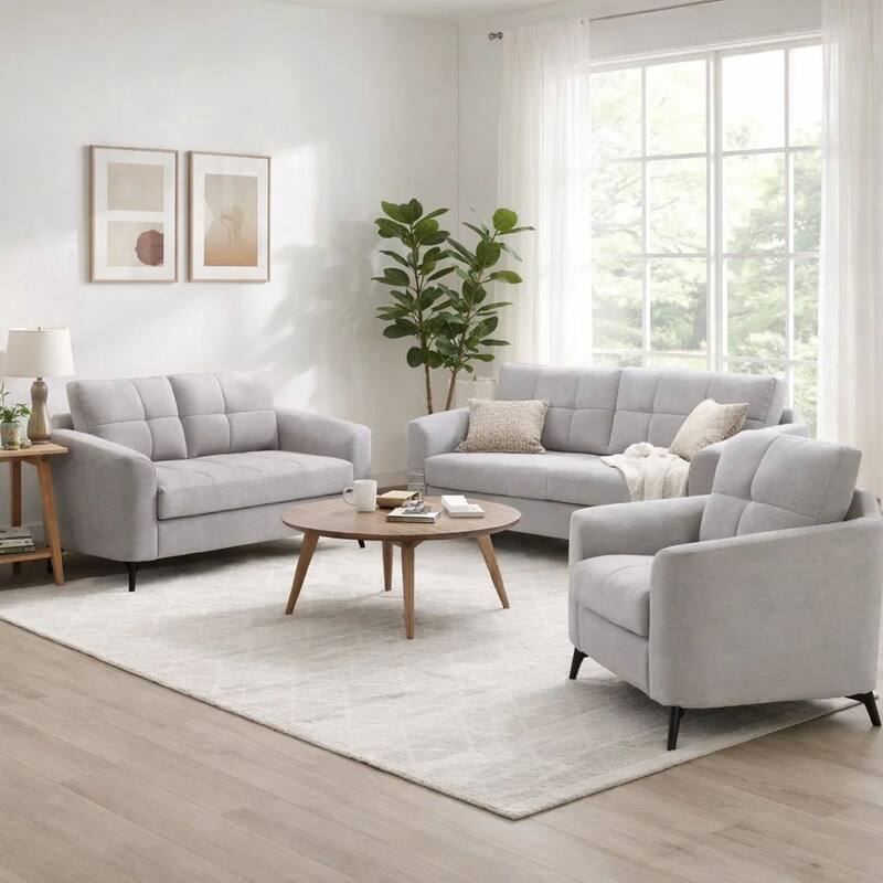Odin 3 Piece Sofa, Loveseat, Chair Set, Tufted Cushions, Light Gray Velvet