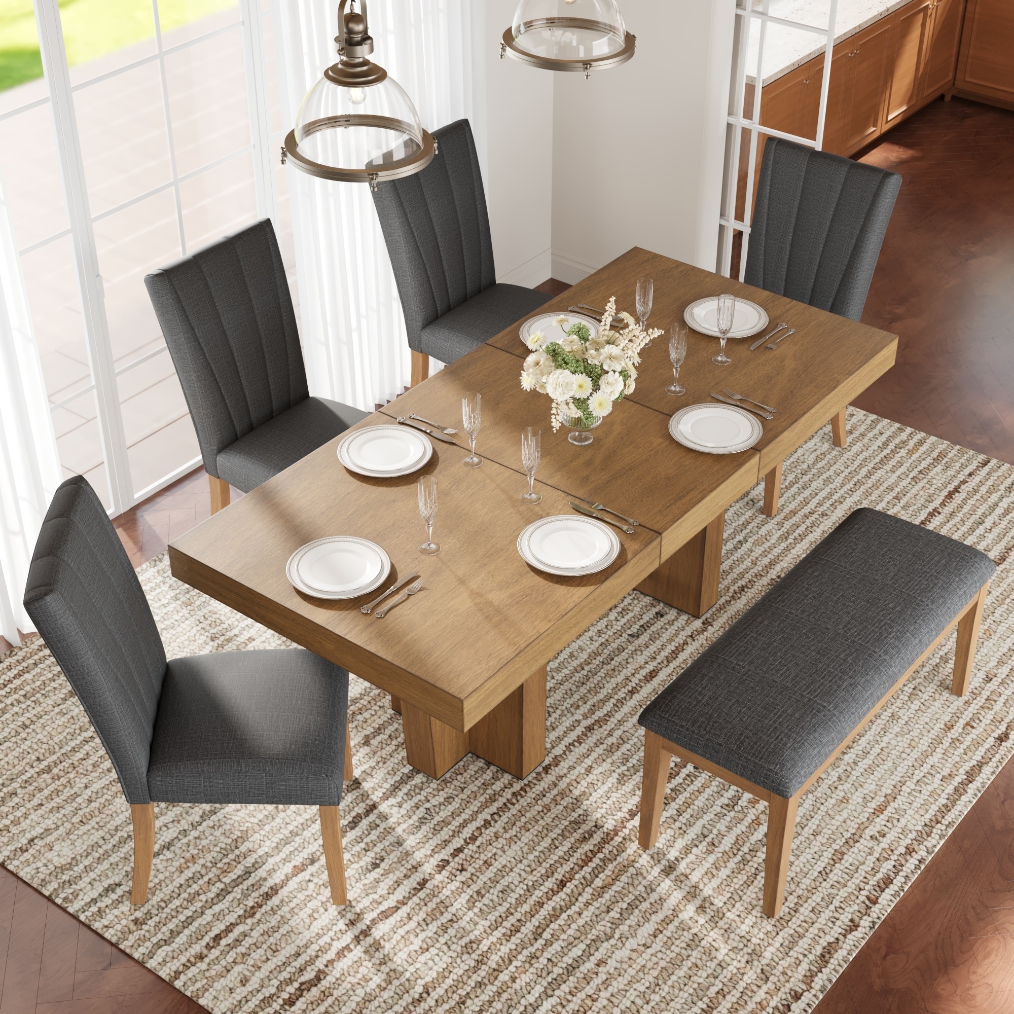 Brown Gray Wood Dining Table Set with Bench and 4 Upholstered Chairs