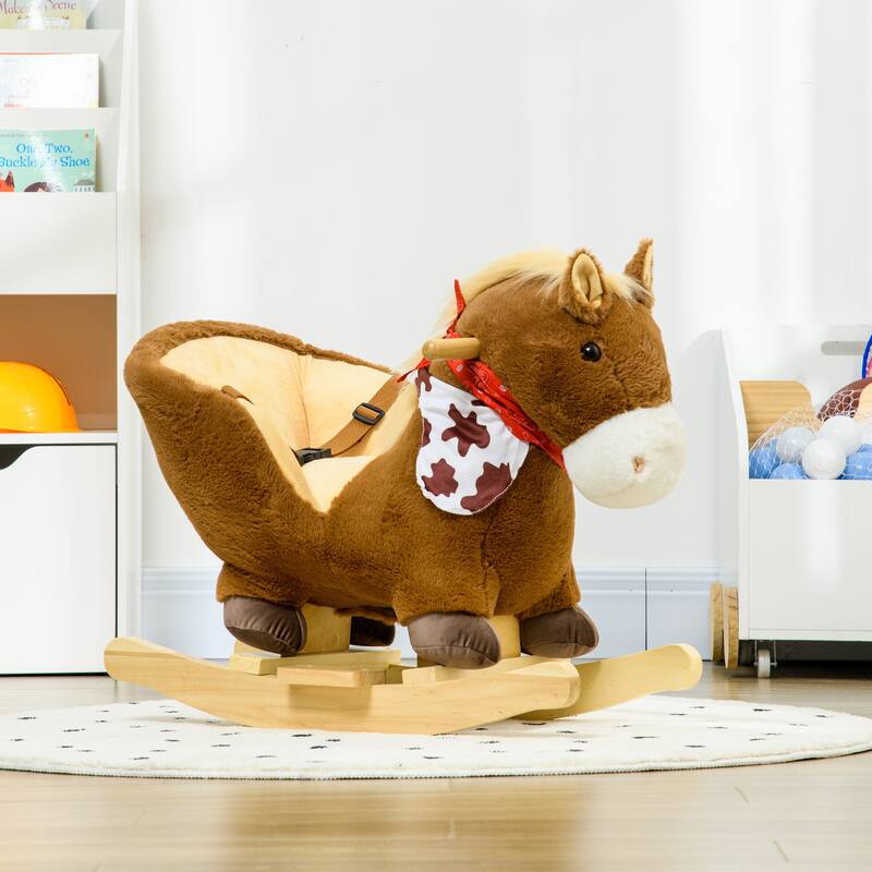 Plush Bunny Rabbit Rocking Horse with Sounds, Safety Seatbelt, and High Back - Baby Rocker for Toddlers 18-36 Months