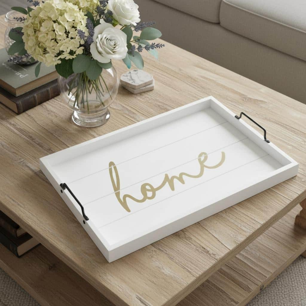 HomeRoots 16" White And Gold Home Serving Tray With Handles - 15.50 in. x 2.25 in. x 12.00 in.