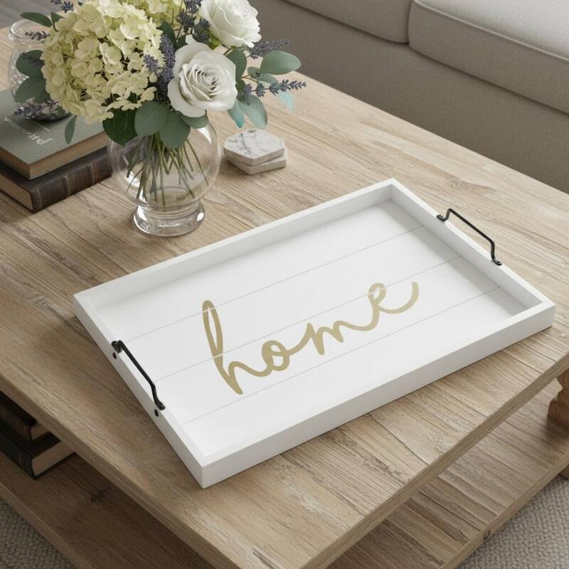 HomeRoots 16" White And Gold Home Serving Tray With Handles - 15.50 in. x 2.25 in. x 12.00 in. - Gold/White - 15.50 in. x 2.25 in. x 12.00 in.
