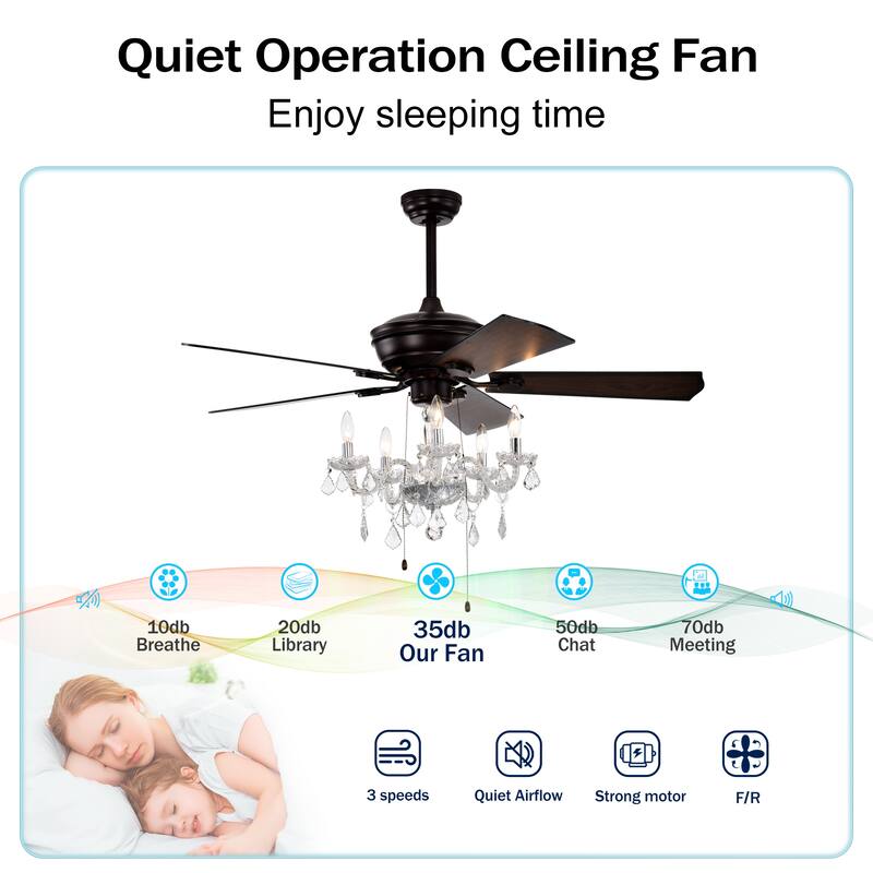2-in-1 Ceiling Fan with Crystal Chandelier & 3-Speed Reversible Motor, Dual Finish Blades, Timer Function