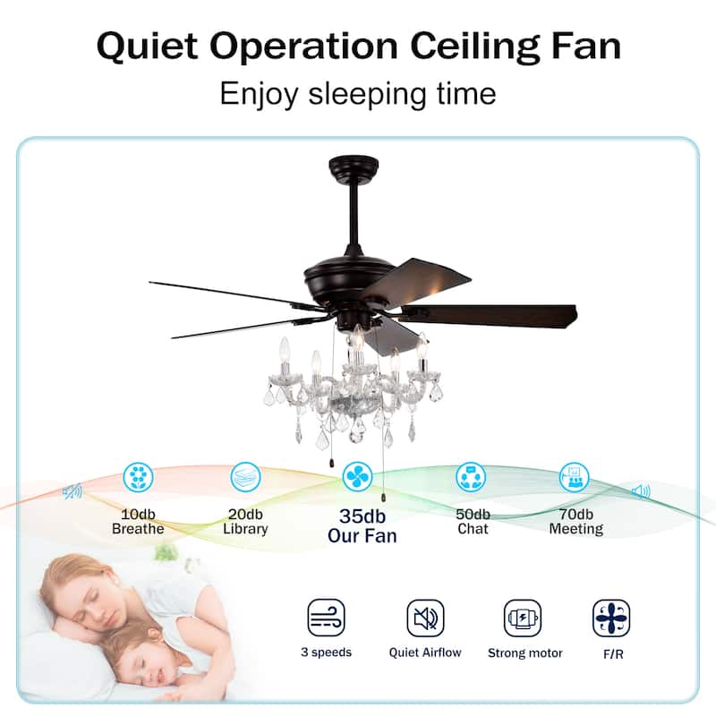 Sofucor 52" Ceiling Fan with Light Remote, Classical Crystal Chandelier fan, 5 Reversible Blades & Reverse Airflow - 52 Inches