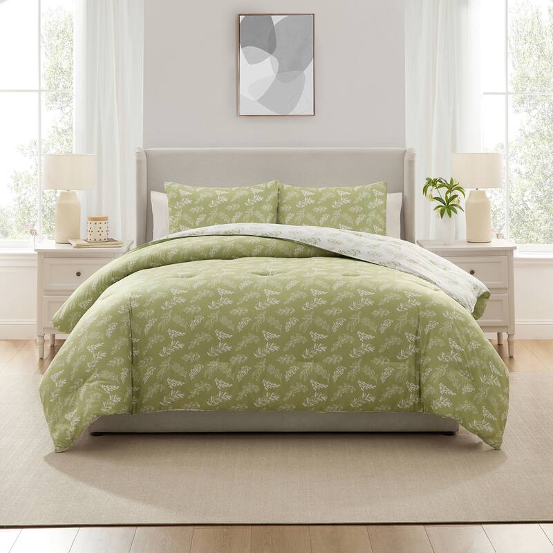 Empyrean 3PC Reversible Botanical Printed Comforter Bedding Set - Sage Green - King