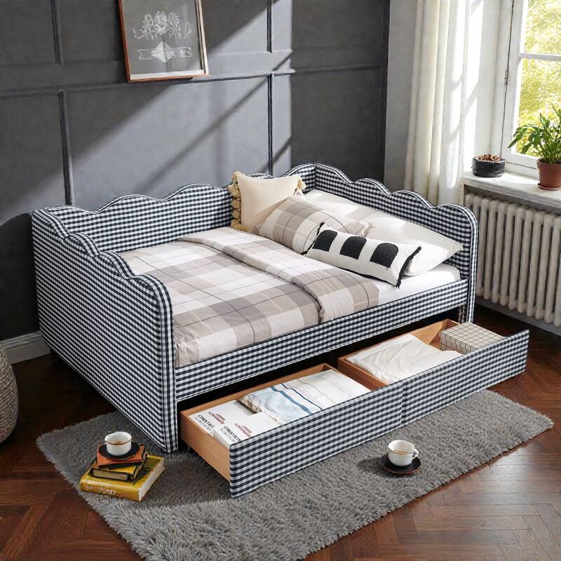 Full Size Gingham Upholstered Daybed with USB Port, Two Storage Drawers and Wave Shaped Design