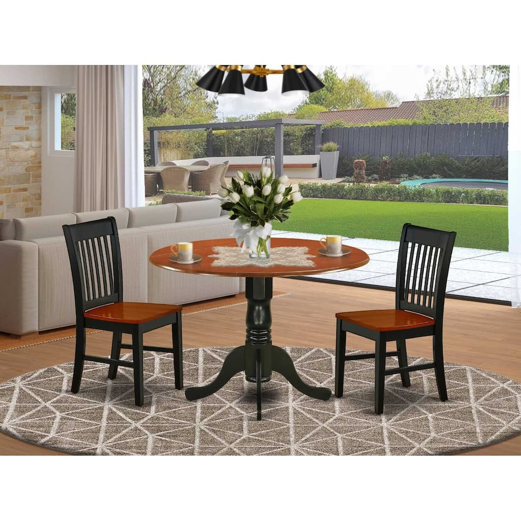 HomeStock 3-Piece Round Black and Cherry Finish Solid Wood Top Dining Table with 2 Chairs with Drop Leaf