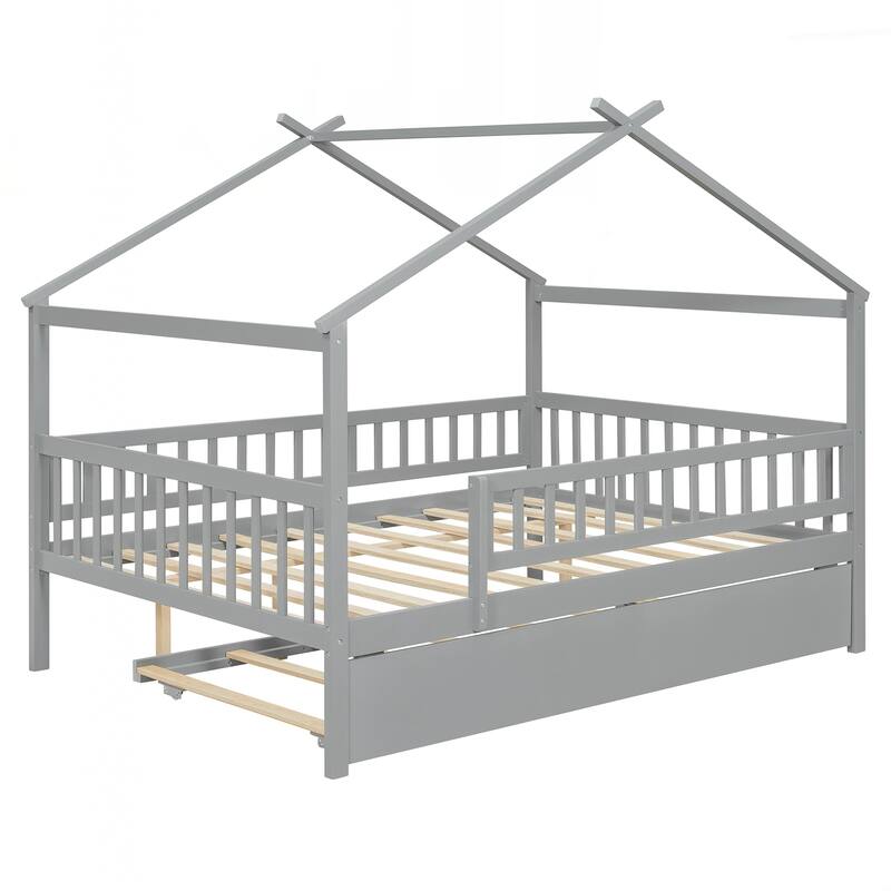 Full Size Wooden House Bed with Twin Size Trundle