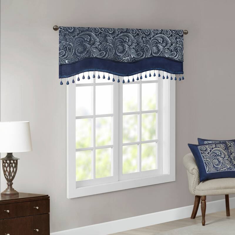 Madison Park Whitman Jacquard Window Rod Pocket Valance with Beads - 50 x 18"