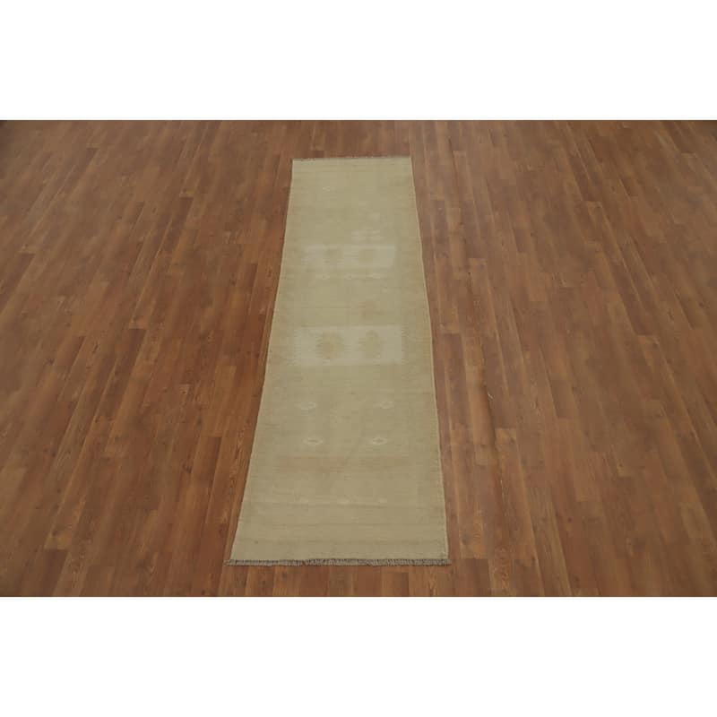 Hand Woven Oriental 100% Wool Carpet Southwestern Tribal Beige & Ivories Kilim Runner Rug - 7' 11'' X 2' 3''