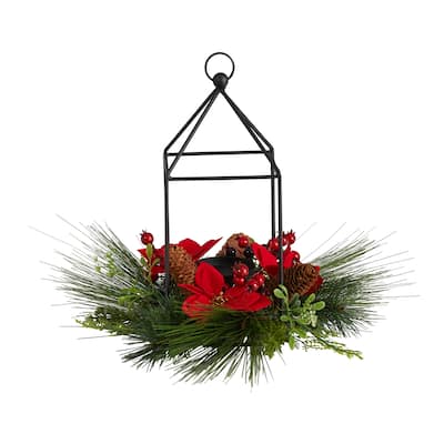 14" Christmas Poinsettia, Berry and Pinecone Metal Candle Holder Christmas Artificial Table Arrangement - 14