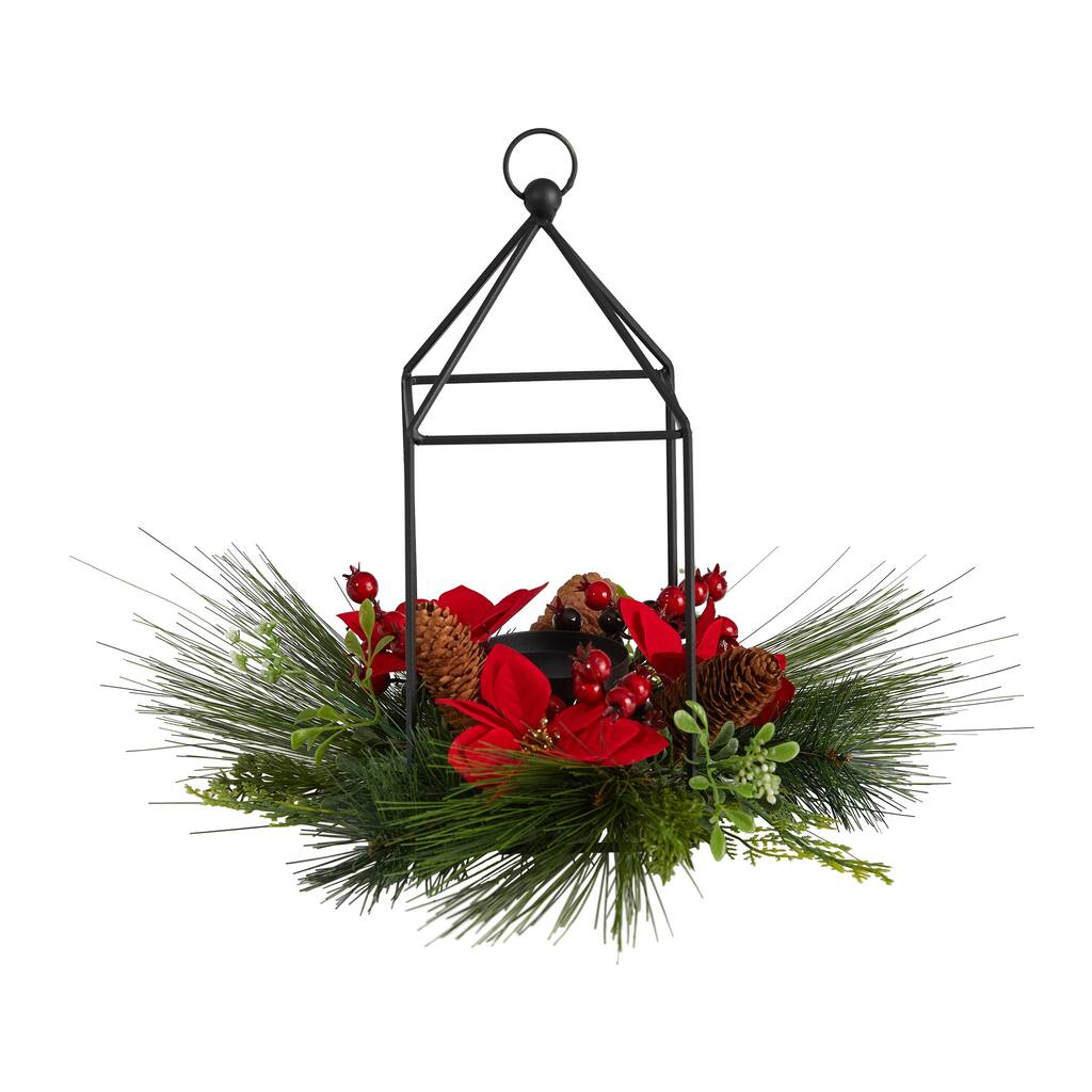 14" Christmas Poinsettia, Berry and Pinecone Metal Candle Holder Christmas Artificial Table Arrangement - 14