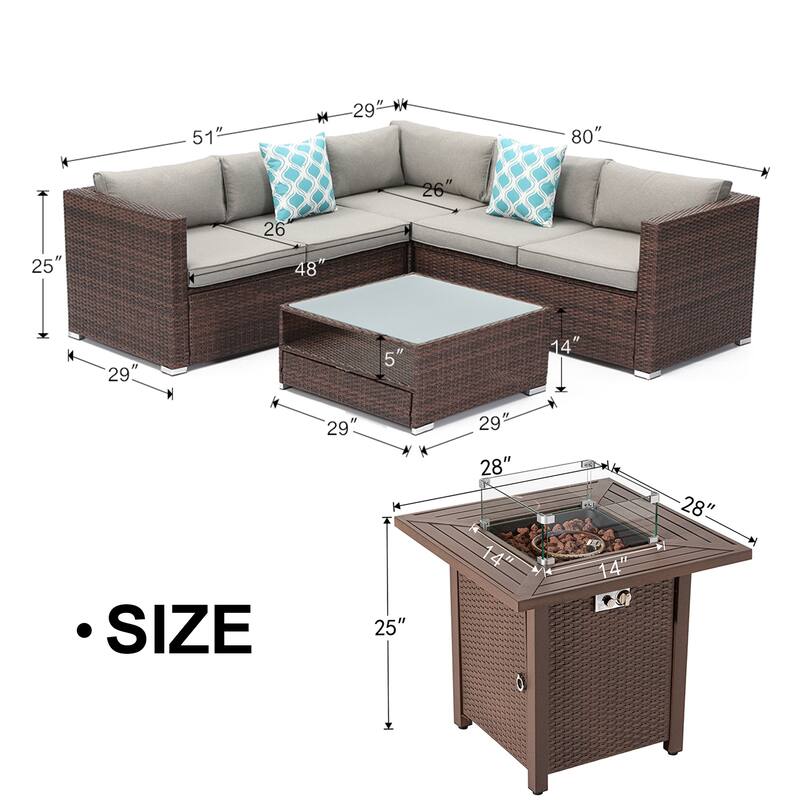 COSIEST 4-Piece Outdoor Patio Funiture Wicker Setional Set with Metal Fire Table