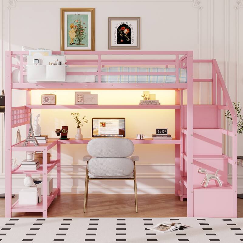 Roomfitters Full Metal Loft Bed, L-Shaped Desk and LED Staircase Wardrobe with Charging Station for Girls Bedroom
