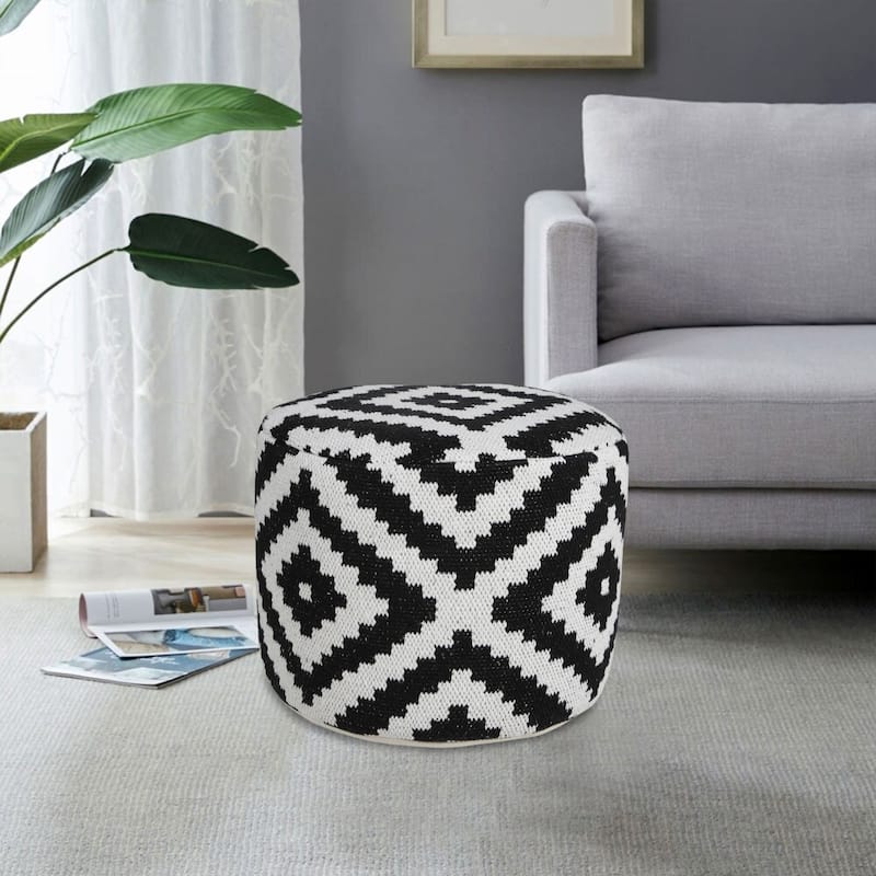 18" White and Black Geometric Medallion Round Pouf Ottoman