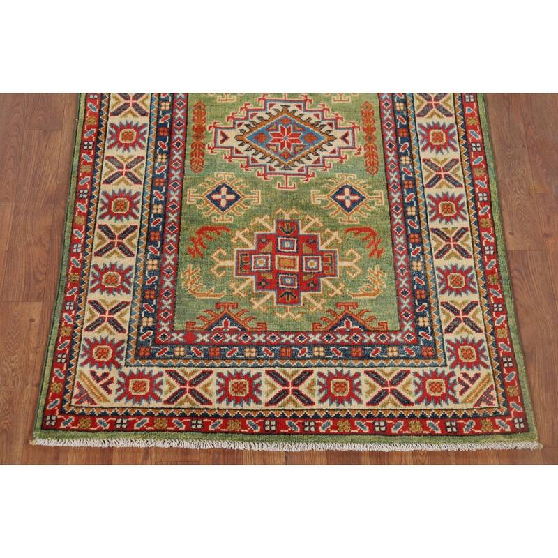Light Green Kazak Oriental Accent Rug Handmade Wool Carpet - 3'2" x 4'11"