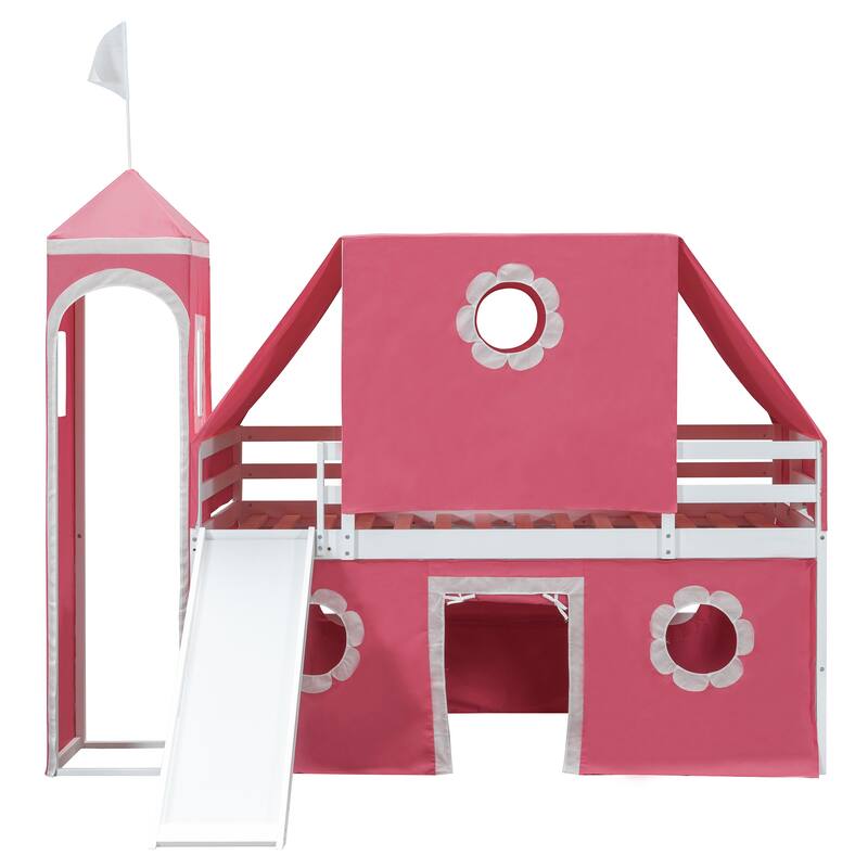 Castle Frame Bed Wood Loft Bed Loft Bed Convertible To Mini Playground with Pink Tent and Tower, Child Bed Tent