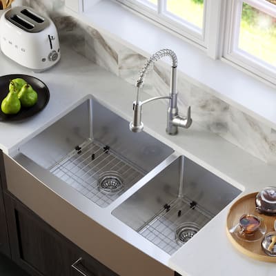 Karran 36" Undermount Double Bowl Stainless Steel Farmhouse Kitchen Sink Kit