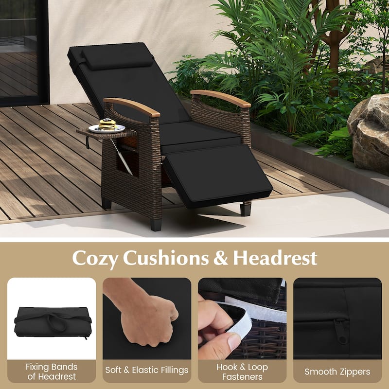 Adjustable Rattan Recliner Chair with Black Cushion and Foldable Side Table for Outdoor Use - 31"-56" x 24" x 41.5"-28.5"