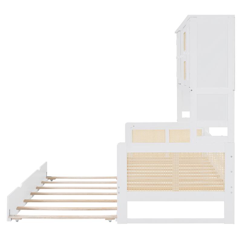 Wood Full Size Daybed with Built-In Storage Cabinet, Shelves & Twin Trundle, Rattan Accent, No Box Spring Needed